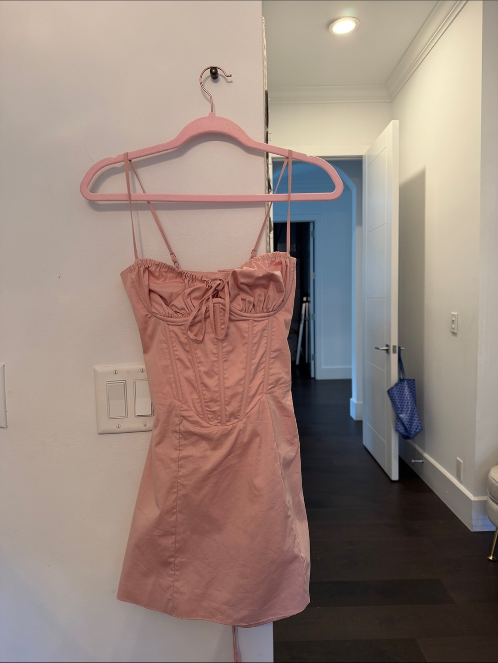 Blush Pink Spaghetti-Strap Mini Dress with Tie Front